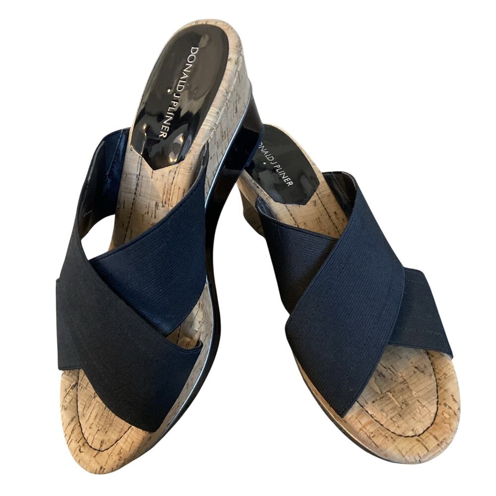 Donald J. Pliner Dani Wedge Sandals Sz 8.5 Black Cork Platform Stretch Straps